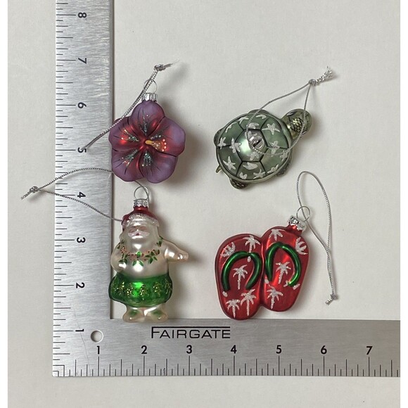 Hawaiian Tropical Holiday Mini Glass Christmas Ornaments Set 4 Santa, Hibiscus - Picture 9 of 10